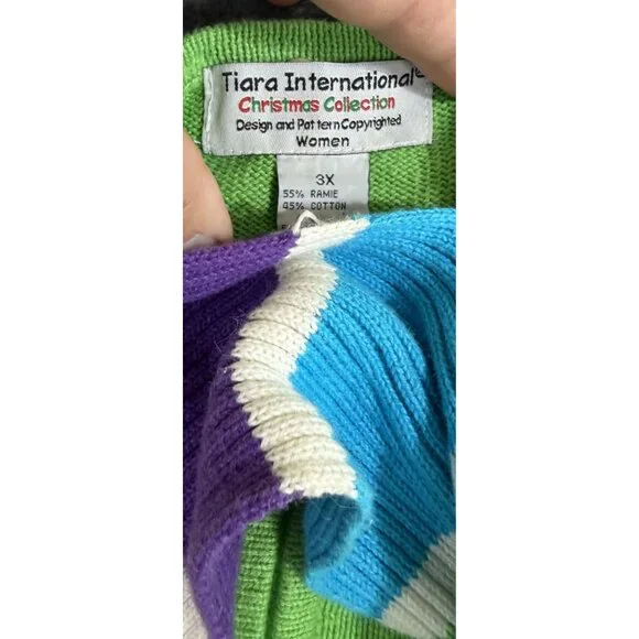 Vintage Women's Full Zip Green Sweater W/ Festive Scarf 3X Tiara International - Picture 3 of 10